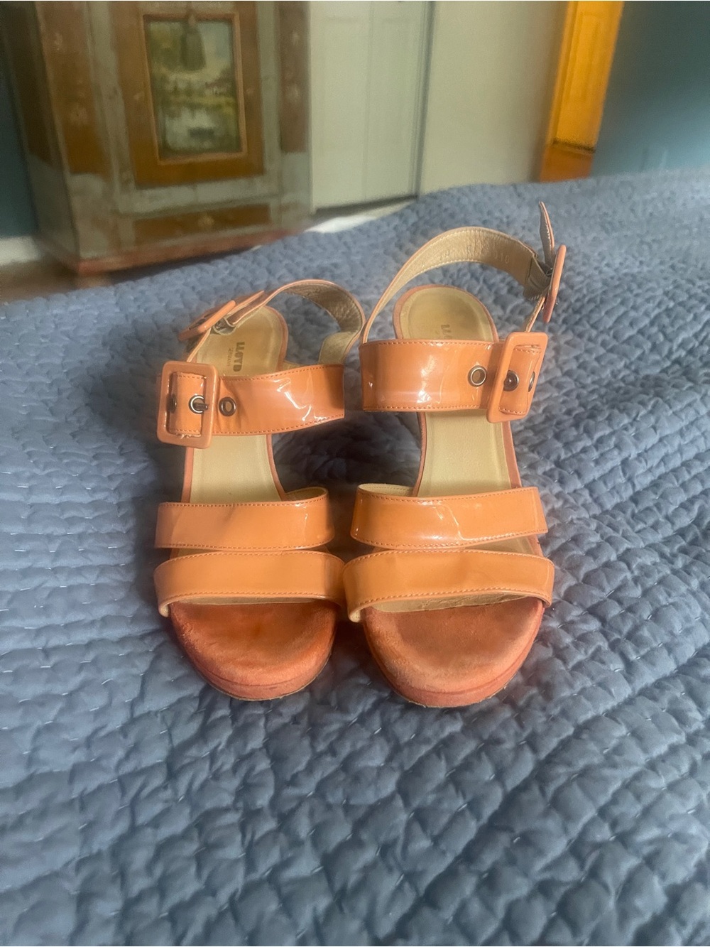 Lloyd’s women’s patent leather and suede gorgeous healed sandal.